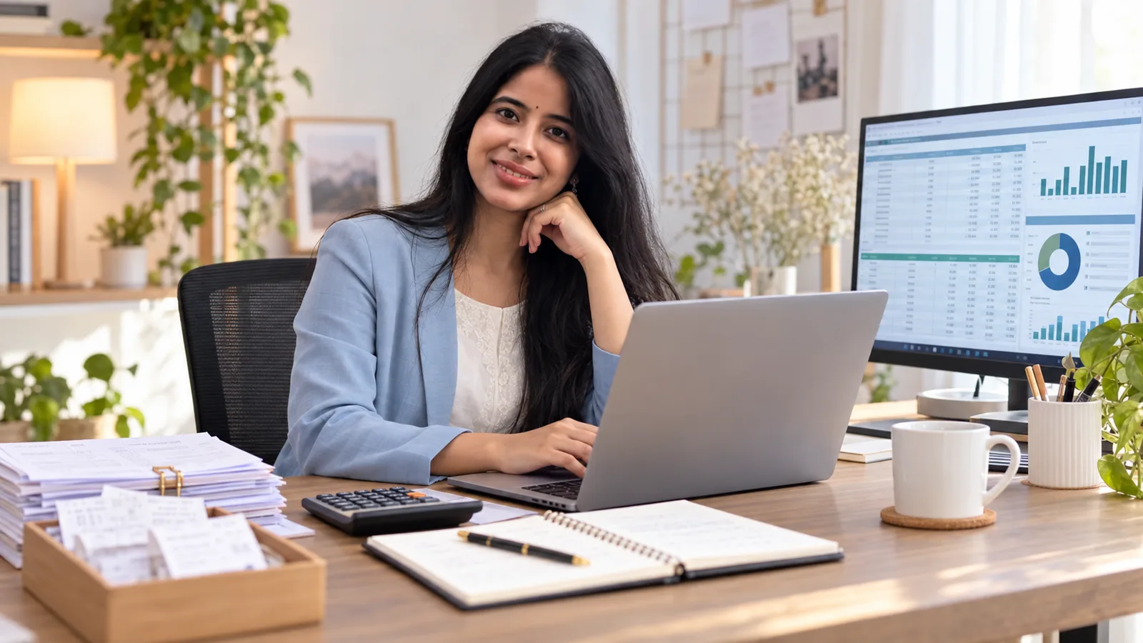 Remote bookkeeper reviewing financial records and bookkeeping reports on a laptop