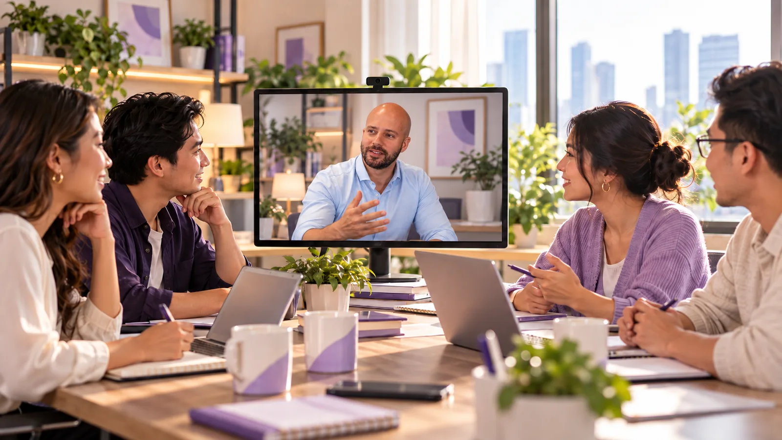 Business team meeting with a remote leader on video call to coordinate work and priorities