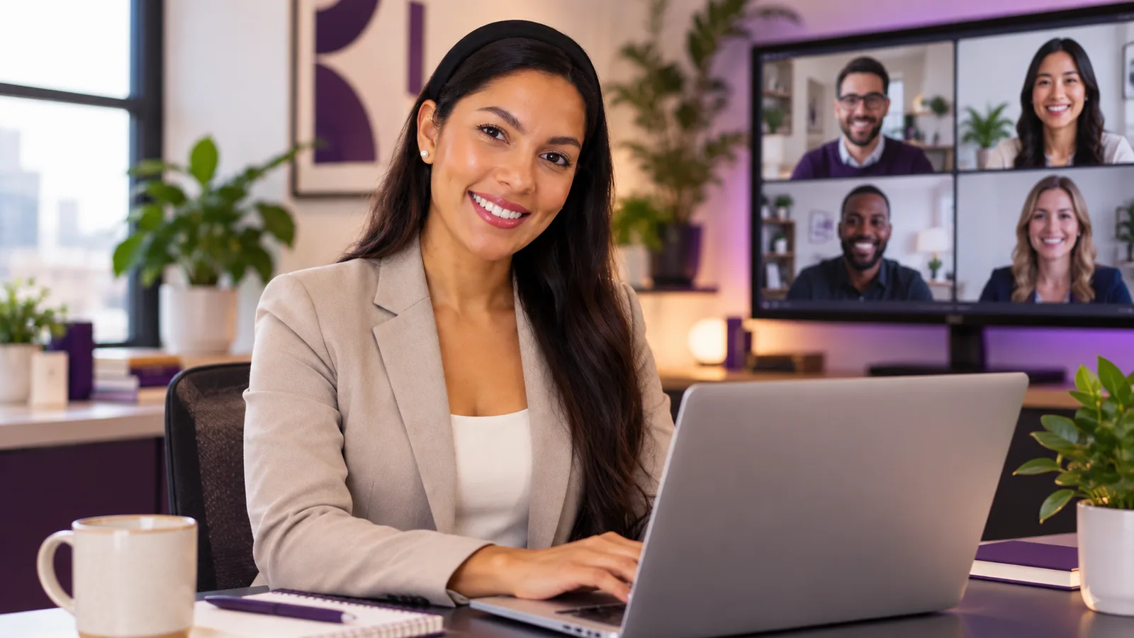 Remote staffing professional working from a home office while collaborating with a business team online