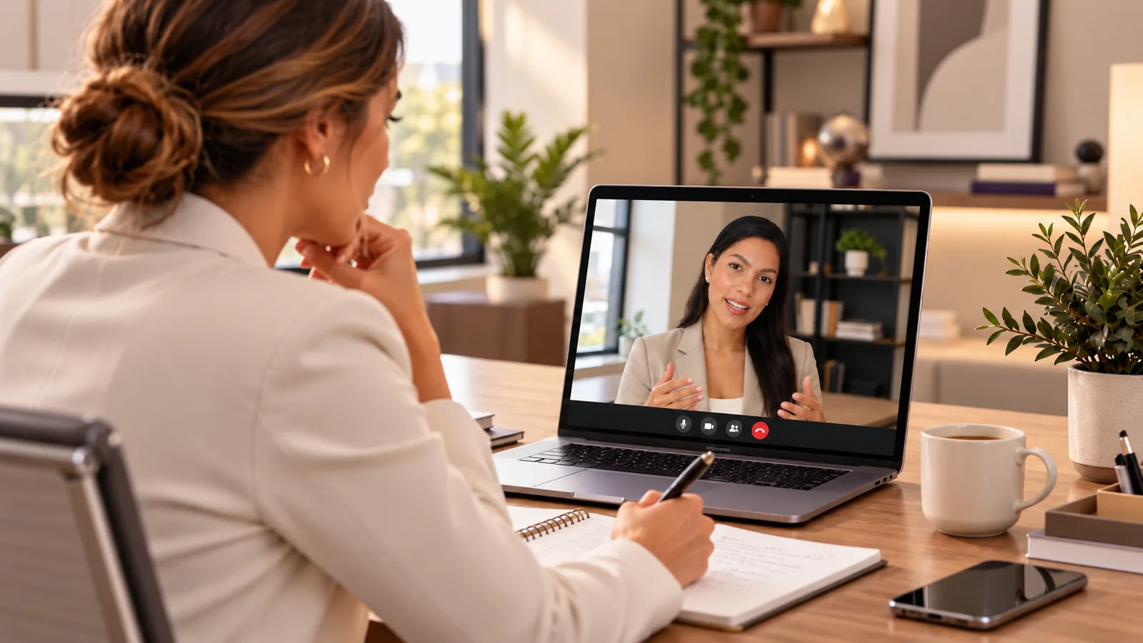 Business owner speaking with a remote staffing professional during a video consultation