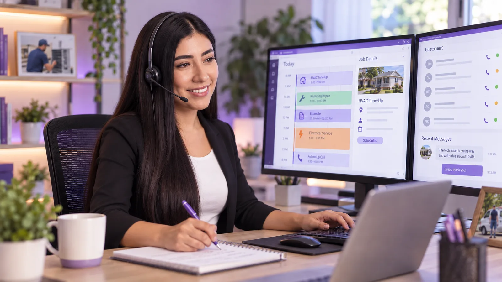 Remote office assistant wearing a headset while coordinating service appointments, customer calls, and technician schedules.