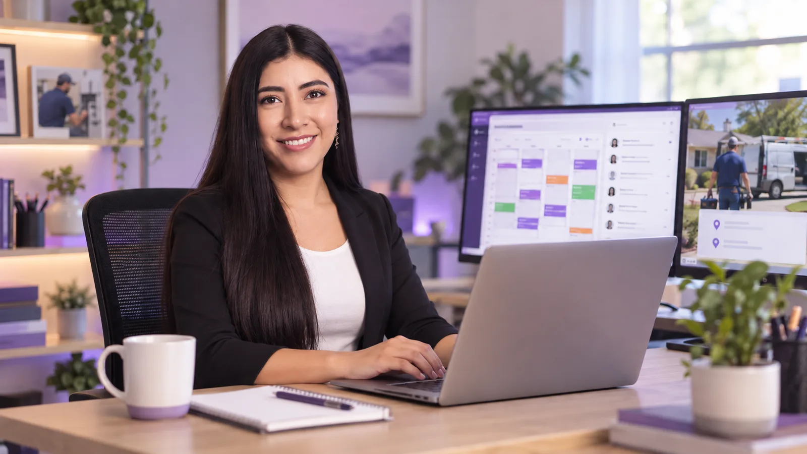 Lorena working as a remote office assistant, managing scheduling and administrative support for a home service company.