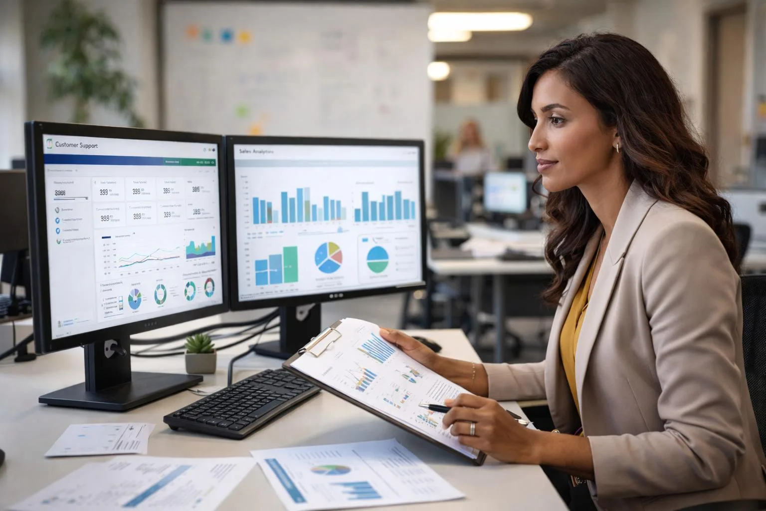 Professional reviewing franchise customer service analytics, support metrics, and performance dashboards on dual monitors.