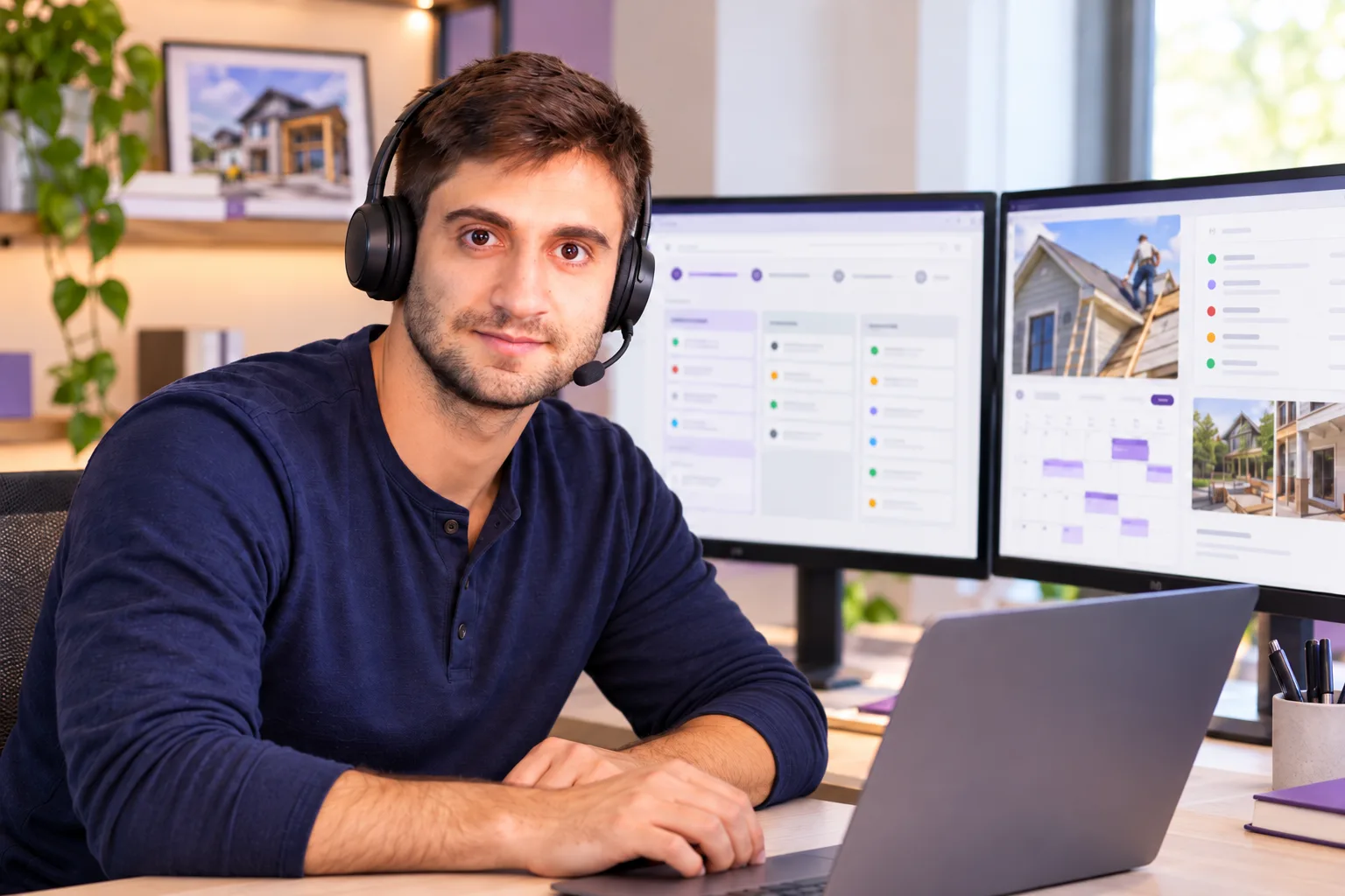 Remote sales support specialist managing contractor leads, estimate follow-ups, and customer scheduling using CRM software in a modern office workspace.