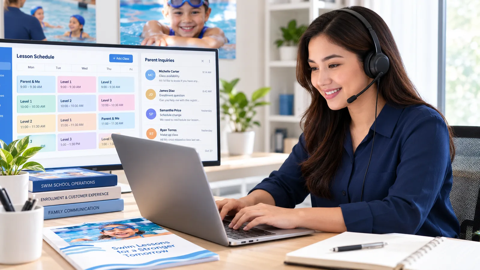 Remote swim school administrative support professional managing parent inquiries, enrollment follow-ups, and swim lesson schedules on a laptop.