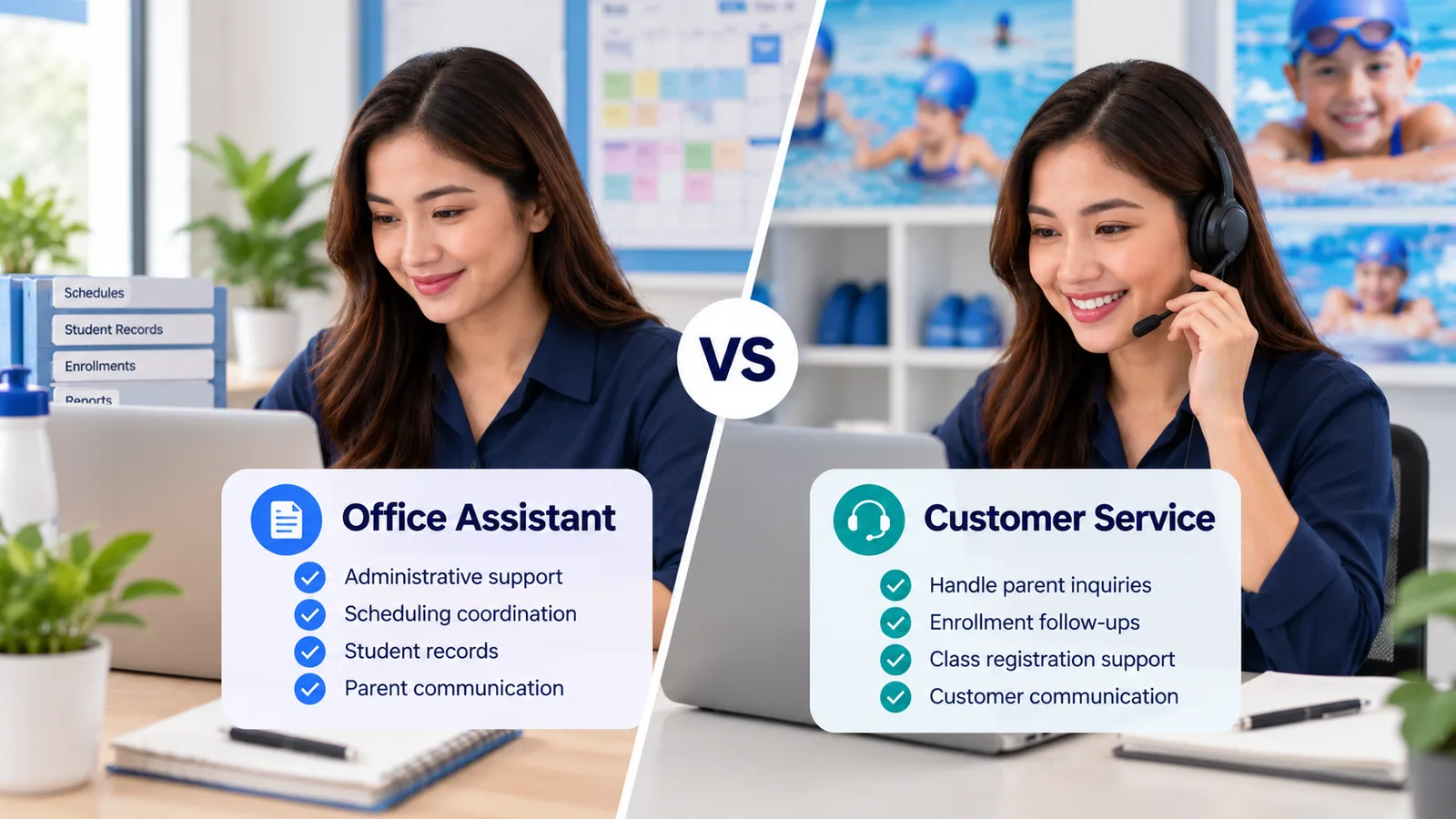 Comparison of remote office assistant and customer service roles for swim schools, highlighting scheduling, student records, parent inquiries, and enrollment support.